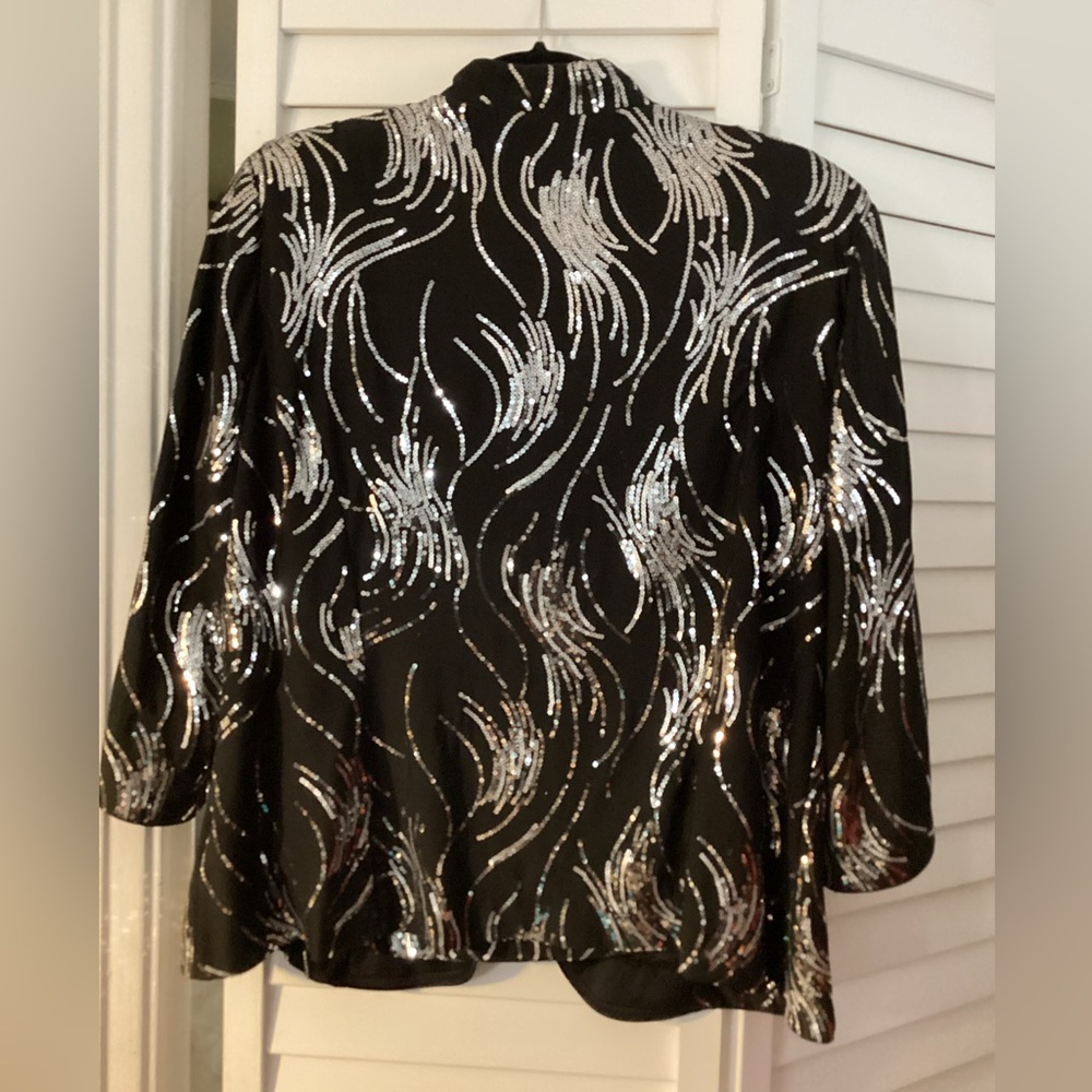 Alex Evenings Black Sequined Evening Jacket & Tank Top w Silver Wave Accents XL - Picture 2 of 12